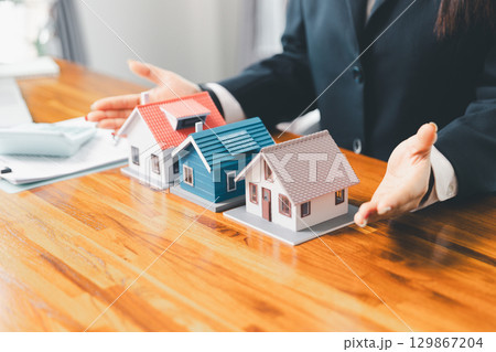 Real estate agents bid home in project to explain in detail to clients. Explain and present information about home and mortgage purchases. real estate trading concept. Real estate trading, buy, sell Real estate agents bid home in project to explain in detail to clients. Explain and present information about home and mortgage purchases. real estate trading concept. Real estate trading, buy, sell 129867204
