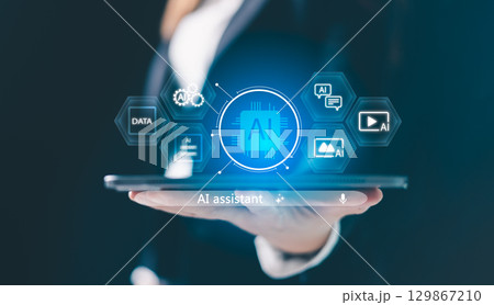 AI powered assistance. user interacting with virtual AI assistant interface on mobile, laptop, tablet icons for voice, text, image, video generation, representing smart technology, productivity tools 129867210