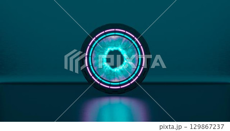 3d rendering, abstract background, round portal, pink blue neon lights, virtual reality, circles, energy source, glowing rings, empty space, frame, ultraviolet spectrum 129867237