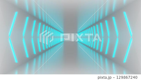 3D rendering illustration. retro club. Neon lights of empty space. Light tunnel. Sci Fi Modern futuristic laser beams. Glowing Blue Pantone Background 3D rendering illustration. retro club. Neon lights of empty space. Light tunnel. Sci Fi Modern futuristic laser beams. Glowing Blue Pantone Background 129867240