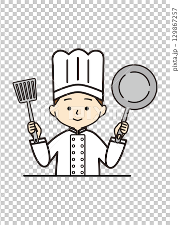 Chef with spatula and frying pan 129867257