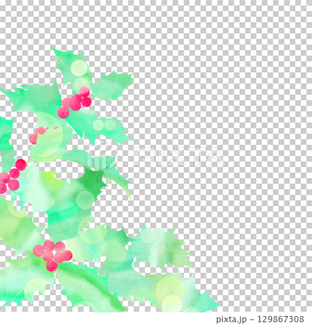 光きらめくヒイラギのシンプルフレーム。水彩で描いた優しいタッチのイラスト。 129867308