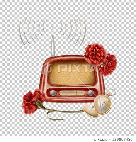 Portugals Carnation Revolution,embodied in the symbol of a song played on the radio at a precise moment-a melody that turned into the signal to topple the regime.Watercolor illustration 129867456