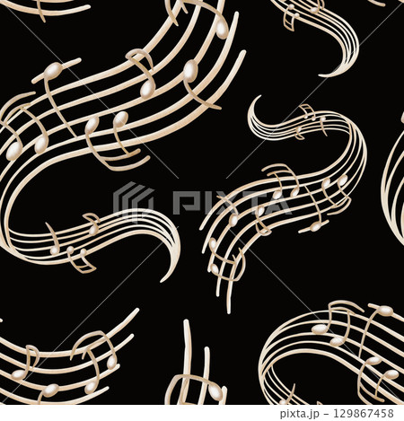 Seamless pattern of music stand with stylized beige-colored notes in a winding composition as a symbol of a song played from a turntable.Hand drawn watercolor illustration on black background Seamless pattern of music stand with stylized beige-colored notes in a winding composition as a symbol of a song played from a turntable.Hand drawn watercolor illustration on black background 129867458