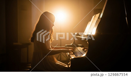 ピアノを弾く女性の横顔 129867554