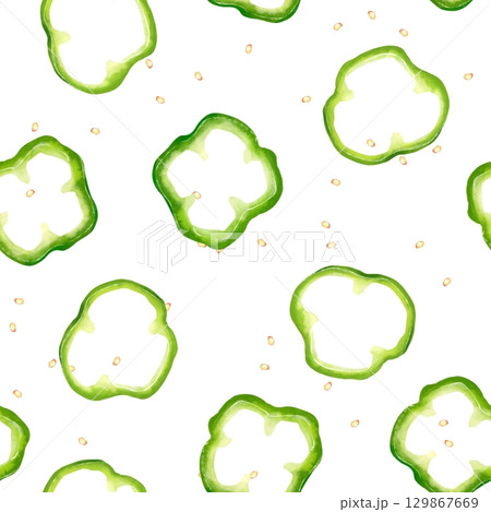 Hand-drawn seamless pattern featuring scattered green bell pepper slices with seeds 129867669