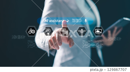 AI powered assistance. user interacting with virtual AI assistant interface on mobile, laptop, tablet icons for voice, text, image, video generation, representing smart technology, productivity tools 129867707