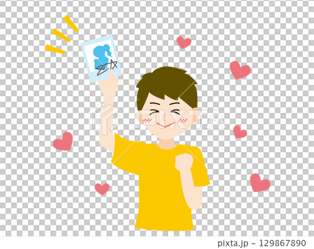 チェキをゲットしてハッピーな男性のイラスト、カラー 129867890