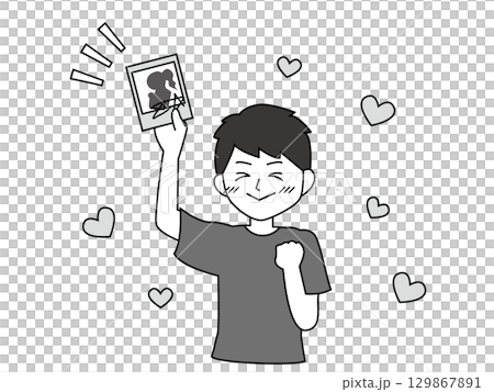 チェキをゲットしてハッピーな男性のイラスト、モノクロ 129867891