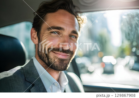 成功して自信に満ち溢れているかっこいい男性経営者、ビジネスマンの車内でのポートレート 129867908
