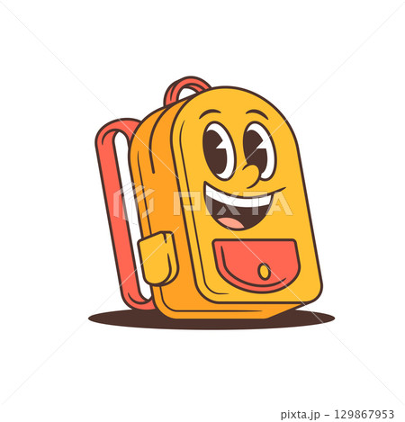 Cheerful Cartoon Yellow School Backpack with Smiling Face and Red Pocket Details Vector Illustration 129867953