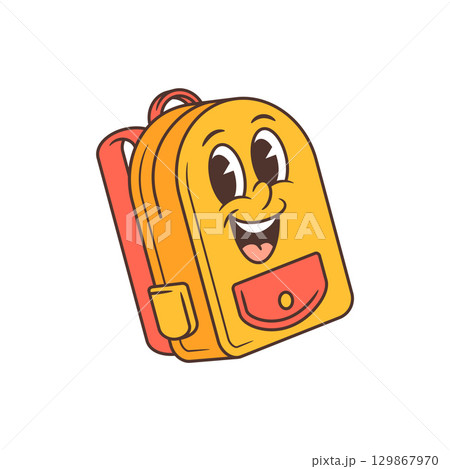 Cheerful Cartoon Yellow School Backpack Mascot with Red Pocket and Friendly Smiling Face Vector Illustration Cheerful Cartoon Yellow School Backpack Mascot with Red Pocket and Friendly Smiling Face Vector Illustration 129867970