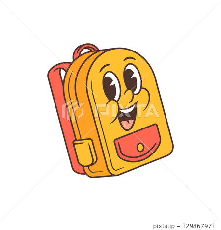 Cheerful Retro Cartoon School Backpack Mascot with Bright Yellow Body Coral Pocket Smiling Face Vector Illustration Cheerful Retro Cartoon School Backpack Mascot with Bright Yellow Body Coral Pocket Smiling Face Vector Illustration 129867971