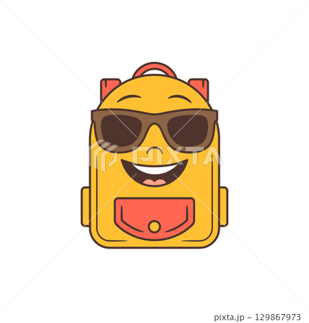 Cool Retro Cartoon School Backpack Mascot Wearing Sunglasses and Smiling with Coral Pocket Vector Illustration Cool Retro Cartoon School Backpack Mascot Wearing Sunglasses and Smiling with Coral Pocket Vector Illustration 129867973