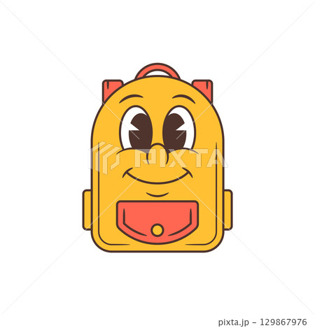 Cute Yellow Cartoon School Backpack Character With Coral Pocket And Happy Face Vector Illustration Cute Yellow Cartoon School Backpack Character With Coral Pocket And Happy Face Vector Illustration 129867976