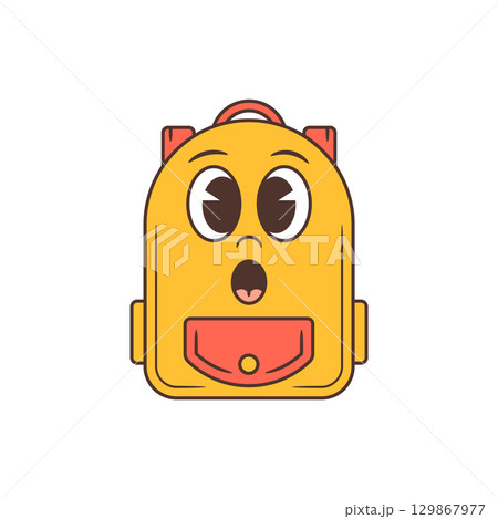 Surprised Yellow Cartoon School Backpack Character With Coral Pocket And Big Eyes Vector Illustration 129867977