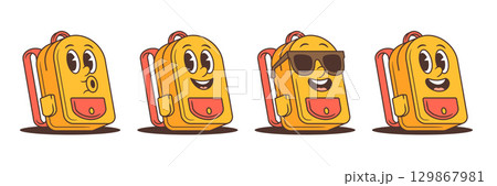 Colorful Cartoon School Backpack Mascot Characters With Funny Faces And Retro Style Vector Illustration Colorful Cartoon School Backpack Mascot Characters With Funny Faces And Retro Style Vector Illustration 129867981
