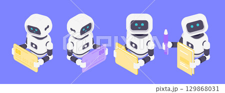 Friendly Isometric AI Robots Handling Finance Data Security Transactions And Analytics In Modern Design 129868031