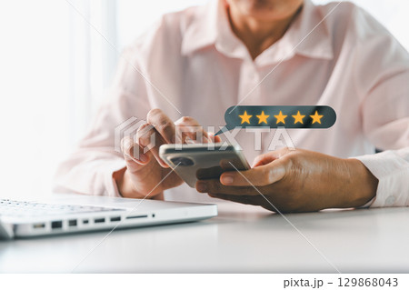 Customer or client with stars to complete five stars. Product or service review ideas from customer, reviews from customer and service of store to express satisfaction, increase credibility of store. Customer or client with stars to complete five stars. Product or service review ideas from customer, reviews from customer and service of store to express satisfaction, increase credibility of store. 129868043