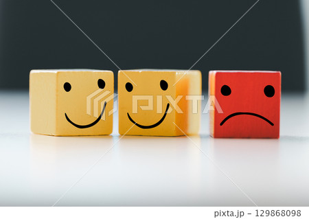 Customer showing rating with happy icon, Customer satisfaction survey concept, Positive feedback from happy client satisfaction with quality of service, marketing surveys, ratings, review, copy space Customer showing rating with happy icon, Customer satisfaction survey concept, Positive feedback from happy client satisfaction with quality of service, marketing surveys, ratings, review, copy space 129868098