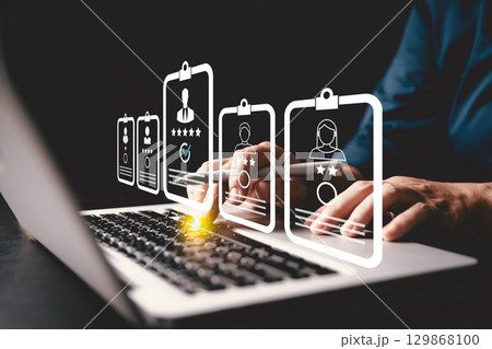 Human resource search, recruitment concept. human resource management uses HR technology online networks to check CV choose perfect employee ensuring strong recruitment process company structure. Human resource search, recruitment concept. human resource management uses HR technology online networks to check CV choose perfect employee ensuring strong recruitment process company structure. 129868100