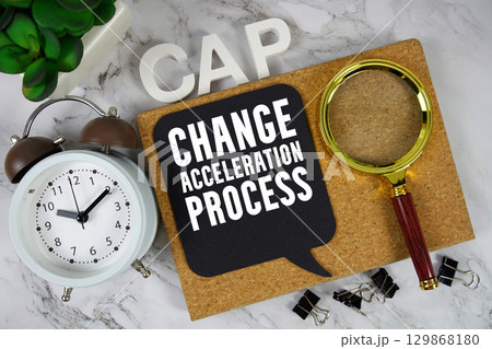 CAP Change Acceleration Process text with alarm clock and magnifying glass on marble background 129868180