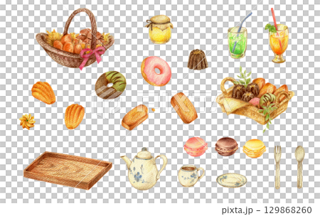 Sweets and drink illustration set, hand-drawn colored pencil drawings 129868260