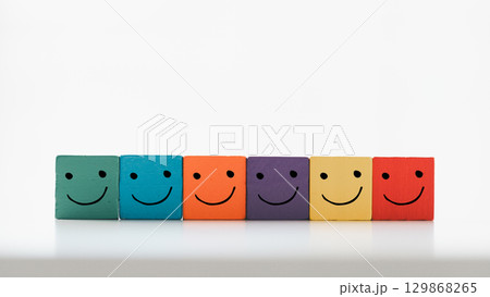 Customer showing rating with happy icon, Customer satisfaction survey concept, Positive feedback from happy client satisfaction with quality of service, marketing surveys, ratings, review, copy space 129868265