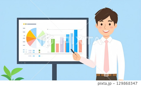 《AI画像》資料を前にしてプレゼンするビジネスマン 129868347