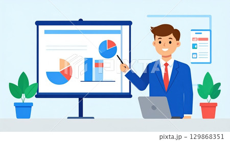 《AI画像》資料を前にしてプレゼンするビジネスマン 《AI画像》資料を前にしてプレゼンするビジネスマン 129868351