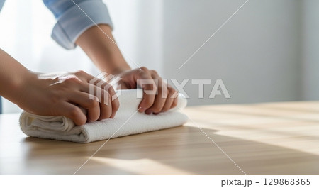 テーブルを拭く手 129868365