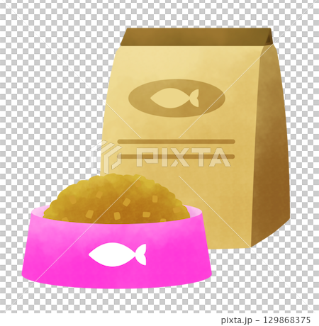 一袋貓糧和一個裝滿食物的寵物碗的插圖 129868375