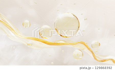 Yellow transparent wave with argan oil bubbles. Liquid cosmetic skin care 3d background. Golden hyaluron gel texture, moisture cream drops, honey face serum with collagen render. 3D illustration 129868392