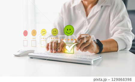 Customer service evaluation concept. Client feedback from marketing survey excellent service and quality satisfaction, customers can evaluate quality of service leading to business reputation rating. 129868398