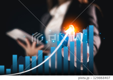 Business goal achievement and growth success. chart with upward arrows and target center symbolizes business planning, strategic development, performance aimed future success. achievement growth 129868407