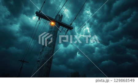 Lightning strike on electricity pole in dark stormy sky background. Lightning strike on electricity pole in dark stormy sky background. 129868549