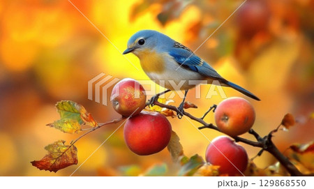 Blue bird sitting on a branch with red apples in autumn forest. Blue bird sitting on a branch with red apples in autumn forest. 129868550
