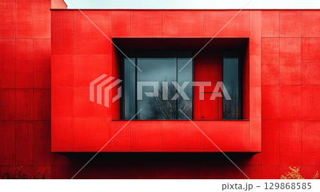 Red wall with a window in the shape of a house, 3d render Red wall with a window in the shape of a house, 3d render 129868585