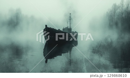 Abandoned ship on a misty river in the morning. 129868610