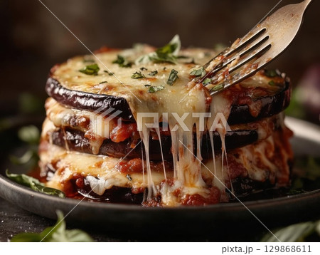 Baked eggplant with mozzarella cheese and parmesan. 129868611