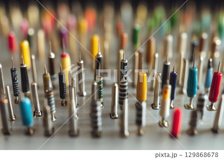 Close Up of Various Electronic Components and Circuitry Abstraction 129868678