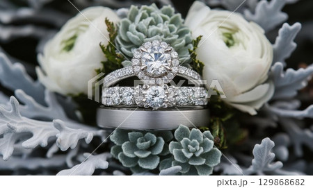 Wedding Rings Stacked on Flowers Symbolize Union With Concept Theme 129868682
