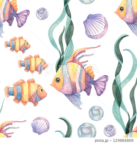 Watercolor fish, seaweed, and seashells in a seamless pattern with marine palette. Use this watercolor clipart for party supplies, packaging, planner pages, and nursery textiles. Watercolor fish, seaweed, and seashells in a seamless pattern with marine palette. Use this watercolor clipart for party supplies, packaging, planner pages, and nursery textiles. 129868800