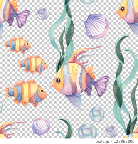 Watercolor fish, seaweed, and seashells in a seamless pattern with marine palette. Use this watercolor clipart for party supplies, packaging, planner pages, and nursery textiles. Watercolor fish, seaweed, and seashells in a seamless pattern with marine palette. Use this watercolor clipart for party supplies, packaging, planner pages, and nursery textiles. 129868800