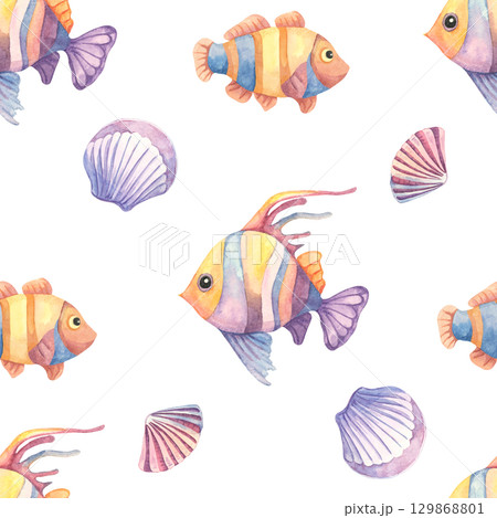 Watercolor illustration seamless pattern with yellow angelfish and pastel seashells. Nautical clipart Ideal for kids fashion, wrapping paper, DIY invitations, and summer holiday products Watercolor illustration seamless pattern with yellow angelfish and pastel seashells. Nautical clipart Ideal for kids fashion, wrapping paper, DIY invitations, and summer holiday products 129868801