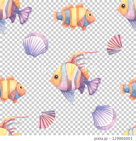 Watercolor illustration seamless pattern with yellow angelfish and pastel seashells. Nautical clipart Ideal for kids fashion, wrapping paper, DIY invitations, and summer holiday products Watercolor illustration seamless pattern with yellow angelfish and pastel seashells. Nautical clipart Ideal for kids fashion, wrapping paper, DIY invitations, and summer holiday products 129868801