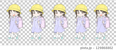Girl carrying a school bag Facial expression set 129868802