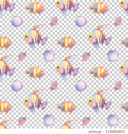 Yellow striped fish, violet shells, and floating bubbles in a watercolor seamless pattern. Aquatic life clipart Great for textile design, kids room prints, wall decals, and scrapbook paper Yellow striped fish, violet shells, and floating bubbles in a watercolor seamless pattern. Aquatic life clipart Great for textile design, kids room prints, wall decals, and scrapbook paper 129868803