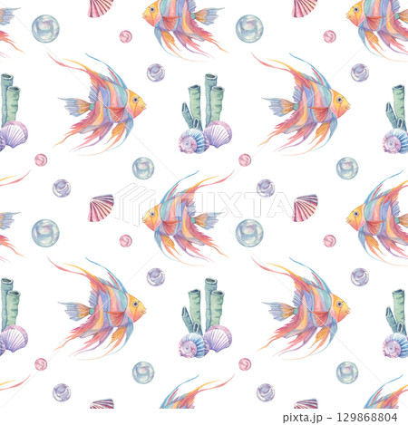 Watercolor illustration of tropical fish, shells, sea sponge and bubbles in seamless pattern. Aquatic life clipart Suitable for packaging, nursery designs, fabric prints, and ocean-themed paper goods Watercolor illustration of tropical fish, shells, sea sponge and bubbles in seamless pattern. Aquatic life clipart Suitable for packaging, nursery designs, fabric prints, and ocean-themed paper goods 129868804