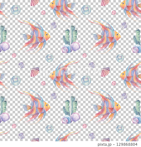Watercolor illustration of tropical fish, shells, sea sponge and bubbles in seamless pattern. Aquatic life clipart Suitable for packaging, nursery designs, fabric prints, and ocean-themed paper goods Watercolor illustration of tropical fish, shells, sea sponge and bubbles in seamless pattern. Aquatic life clipart Suitable for packaging, nursery designs, fabric prints, and ocean-themed paper goods 129868804